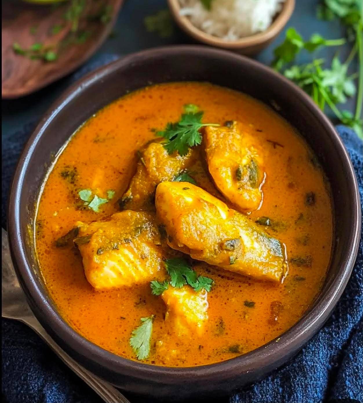 Fish Curry — Fresh fish cooked with cashew nuts in a tangy onion and tomato gravy.