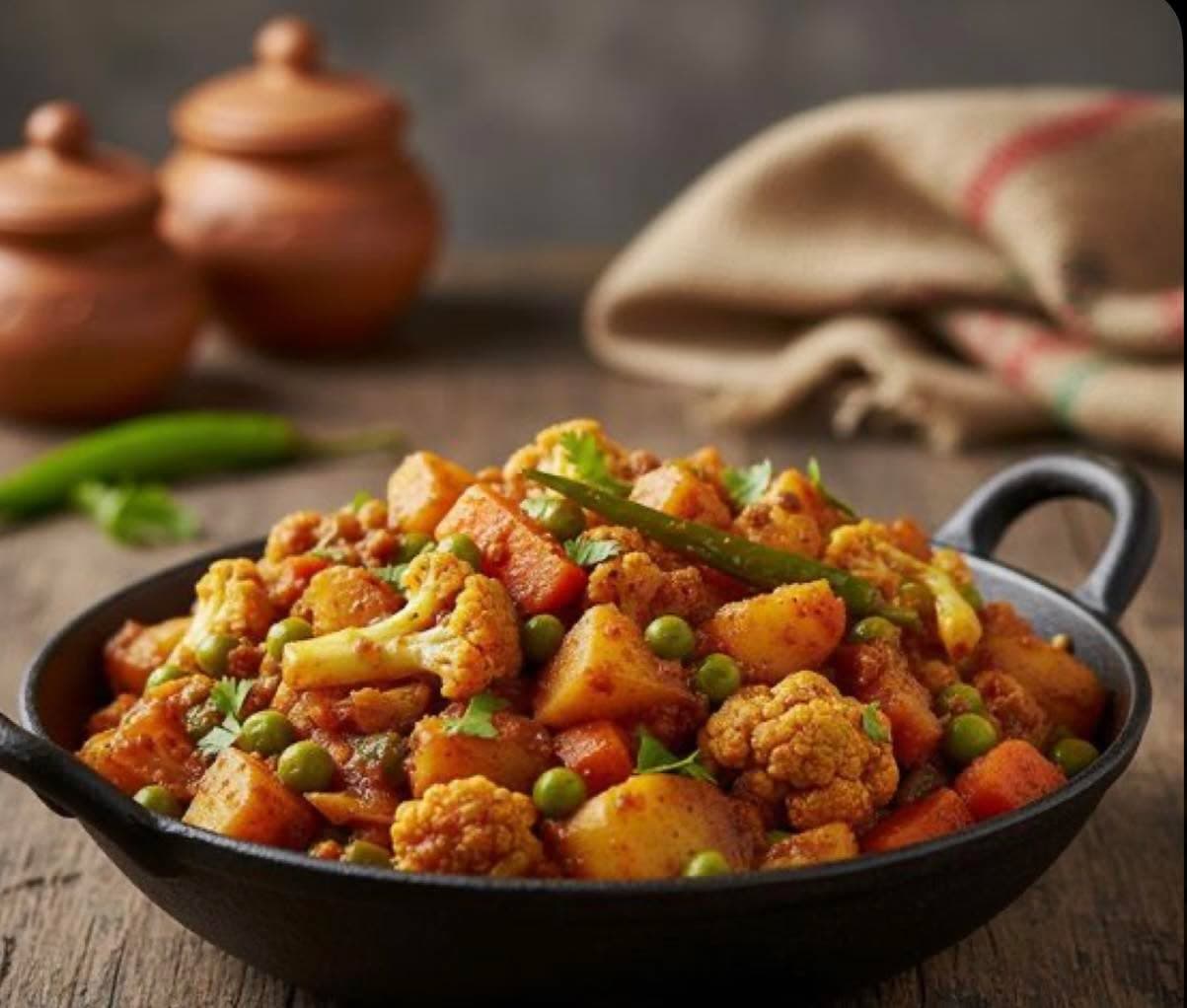 Fresh mixed vegetable curry with cauliflower, potato and peas